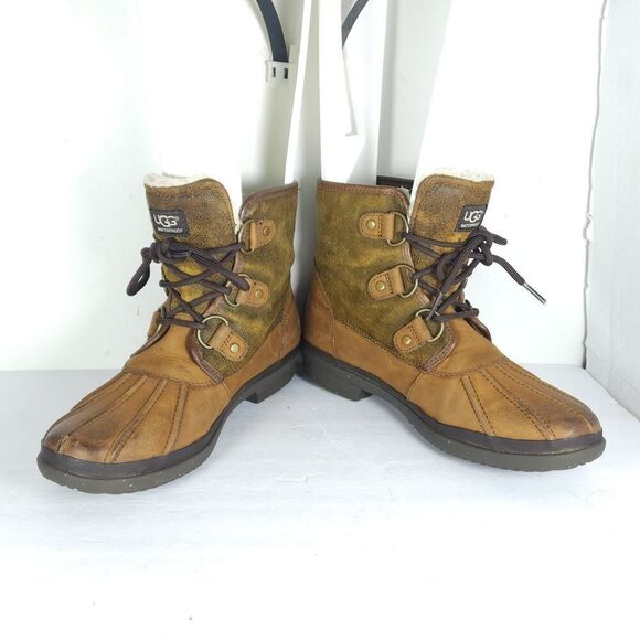 UGG Women's Cecile US 8 Brown Leather Waterproof Sheepskin Lined Duck Boots - Picture 5 of 15